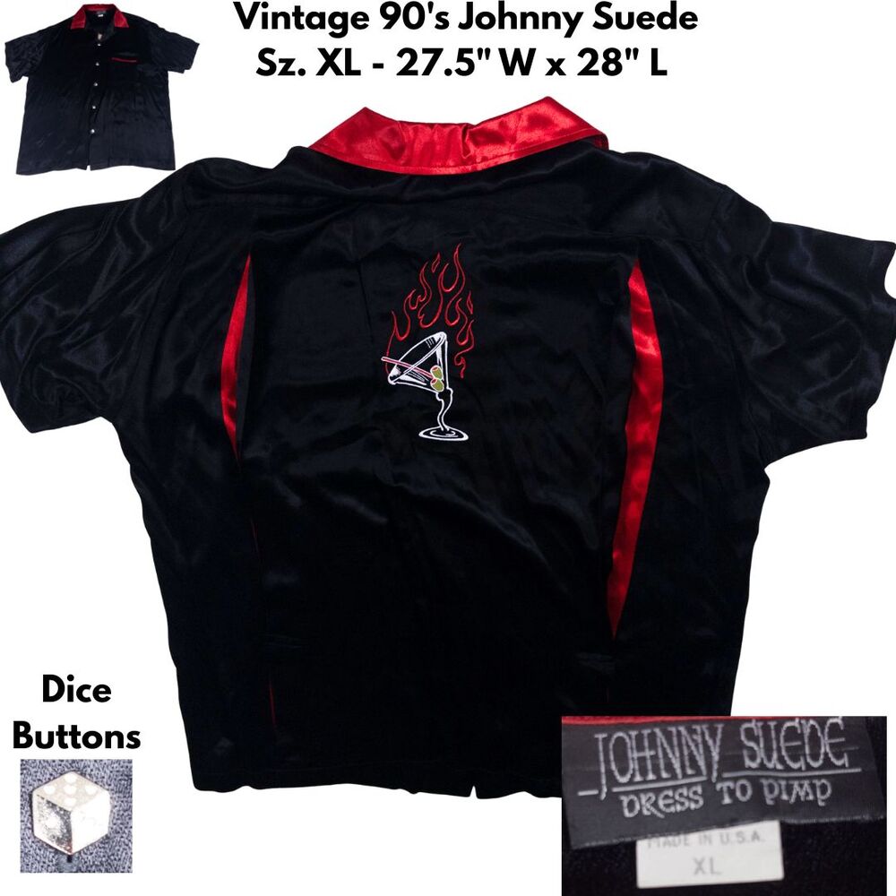 Vintage Johnny Suede Martini Flames Rockabilly Bowling Shirt USA‎ Made XL Satin